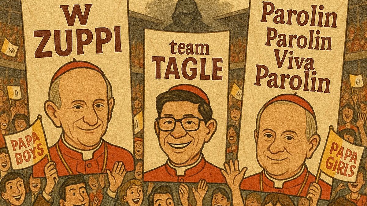 Three contenders for the papacy on billboards held up by a crowd
