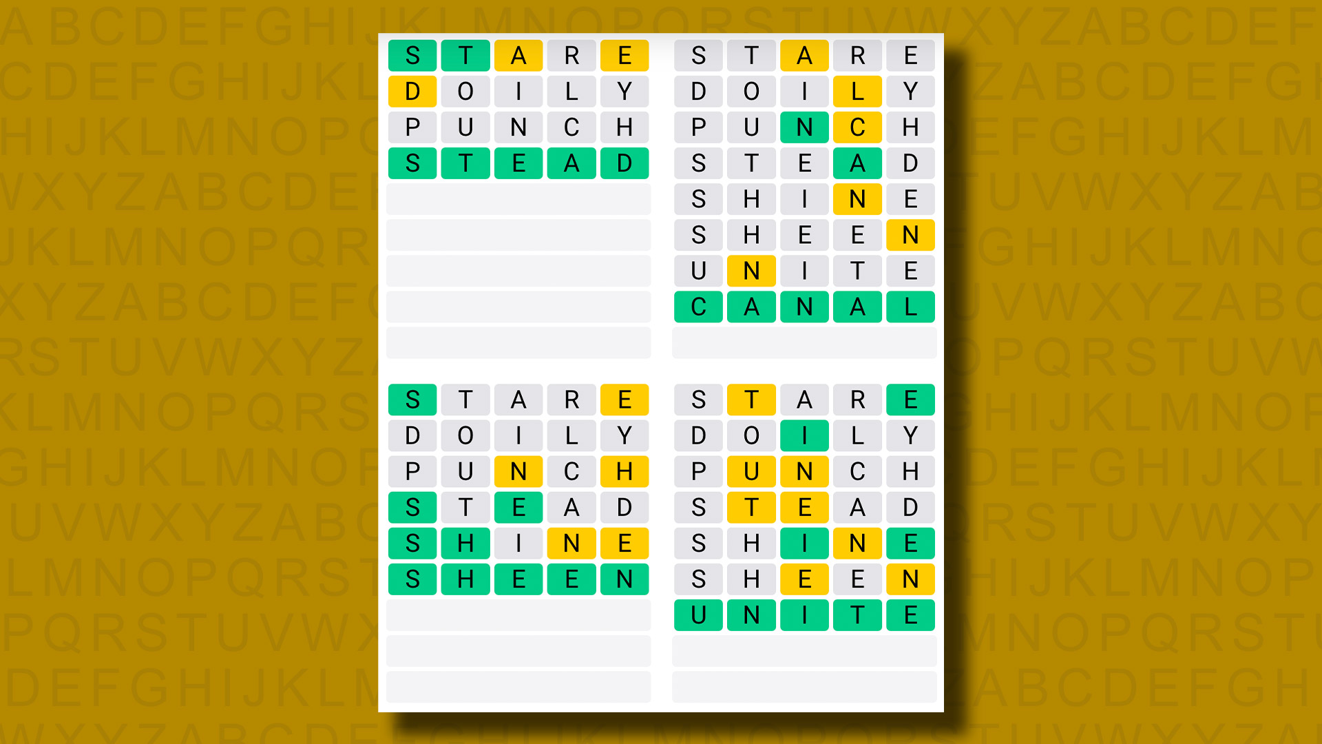 Respuestas diarias de Quordle para el juego 821 sobre un fondo amarillo