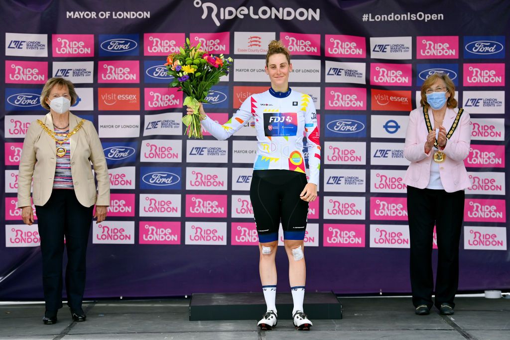 EPPING ENGLAND MAY 28 Vittoria Guazzini of Italy and Team FDJ Nouvelle Aquitaine Futuroscope celebrates at podium as white best young rider jersey winner during the 5th RideLondon Classique 2022 Stage 2 a 1417km stage from Chelmsford to Epping RideLondon UCIWWT on May 28 2022 in Epping England Photo by Justin SetterfieldGetty Images
