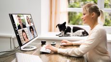 A woman sitting at a desk at home speaking on a video call with her small black and white dog sitting on a windowsill watching her