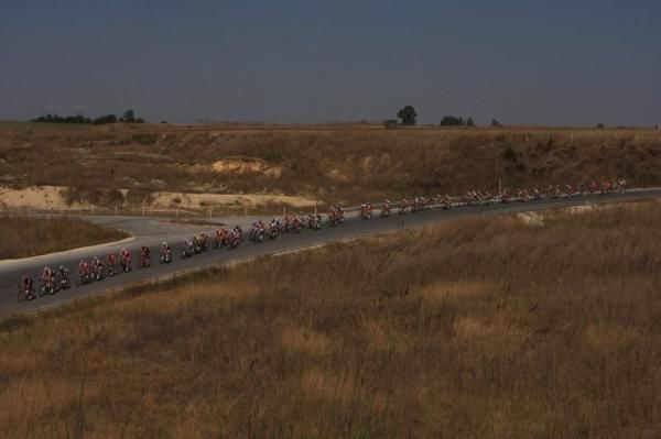 The peloton was strung out in the countryside