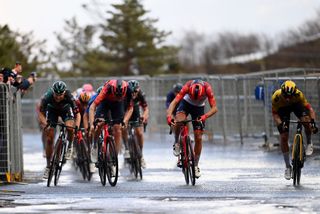 SARNANOSASSORETTO ITALY MARCH 10 LR Tao Geoghegan Hart of The United Kingdom and Team INEOS Grenadiers Giulio Ciccone of Italy and Team Trek Segafredo and Primoz Roglic of Slovenia and Team Jumbo Visma sprint at finish line during the 58th TirrenoAdriatico 2023 Stage 5 a 1656km stage from Morro dOro to SarnanoSassotetto 1451m UCIWT TirrenoAdriatico on March 10 2023 in SarnanoSassotetto Italy Photo by Tim de WaeleGetty Images