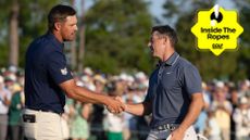 Rory McIlroy and Bryson DeChambeau shake hands and a yellow Golf Monthly Inside The Ropes sticker in the top-right