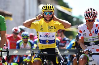 Fernando Gaviria (Quick-Step Floors) wears the yellow jersey at the start of stage 2 of the Tour de France