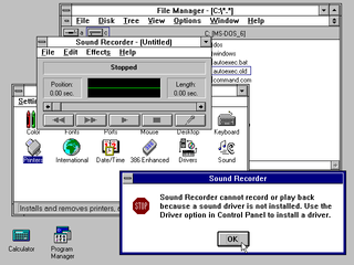 Windows 3.1 screenshot showing multiple overlapping windows and dialogue boxes, a new visual look, improved color and icons, and the debut of the Sound Recorder program.