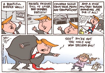 Political cartoon U.S. Trump family separation dreams immigration policy detention center border wall DACA