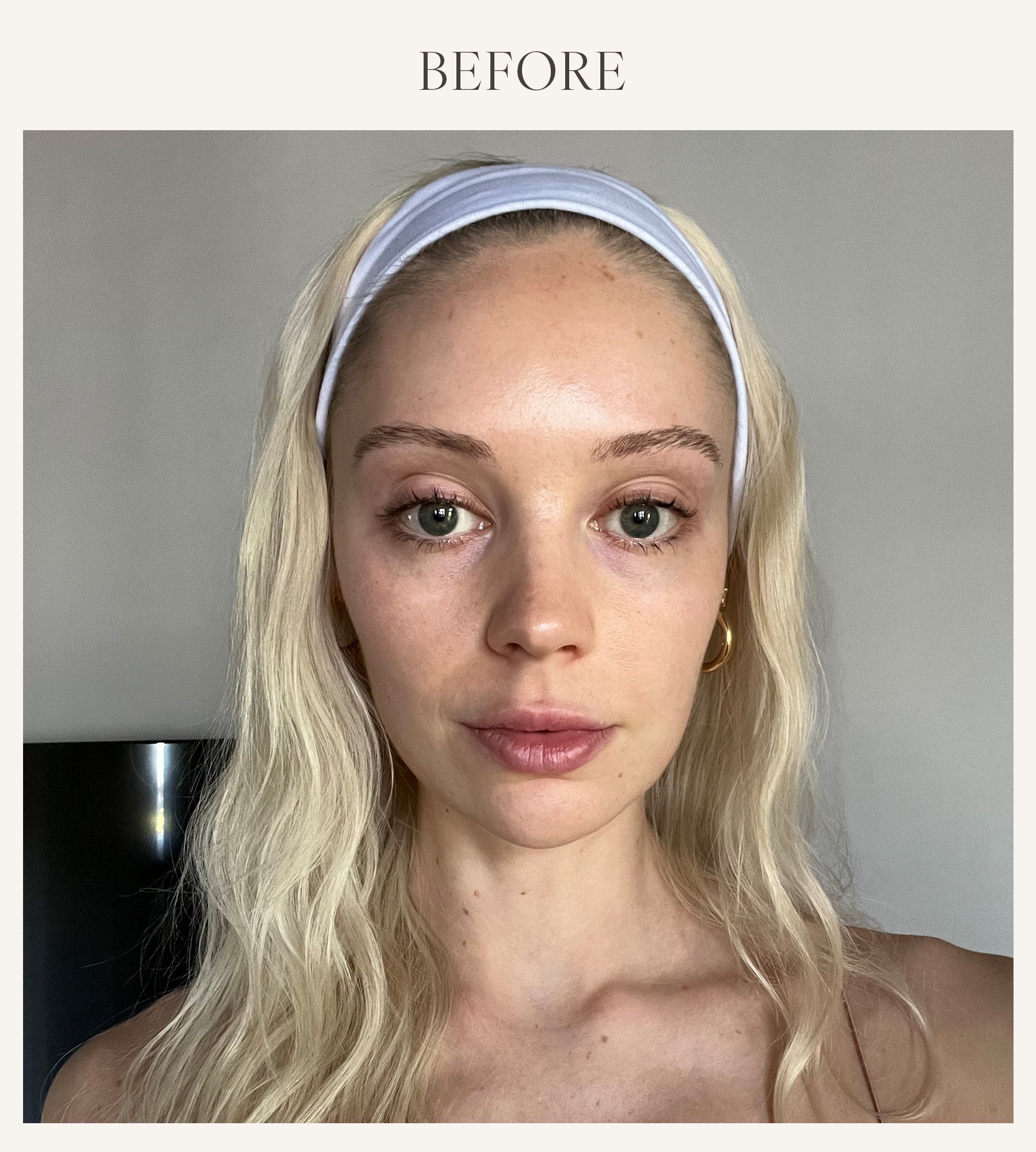 Before photo of Erin Jahns testing the Grande Cosmetics lip plumper