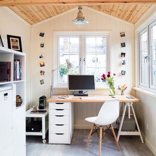 Home office in garden room with wall panelling