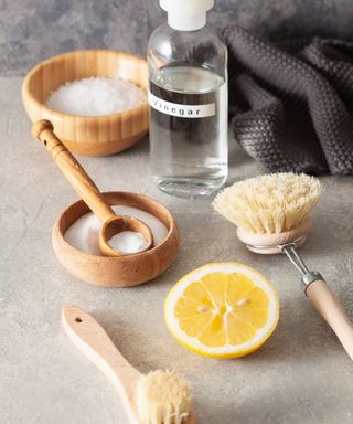 A container of baking soda beside a brush and a lemon