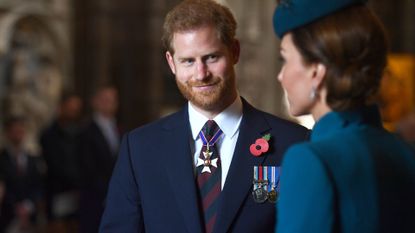 Catherine, Duchess of Cambridge and Prince Harry, Duke of Sussex attend the ANZAC Day Service of Commemoration and Thanksgiving at Westminster Abbey on April 25, 2019 in London, United Kingdom