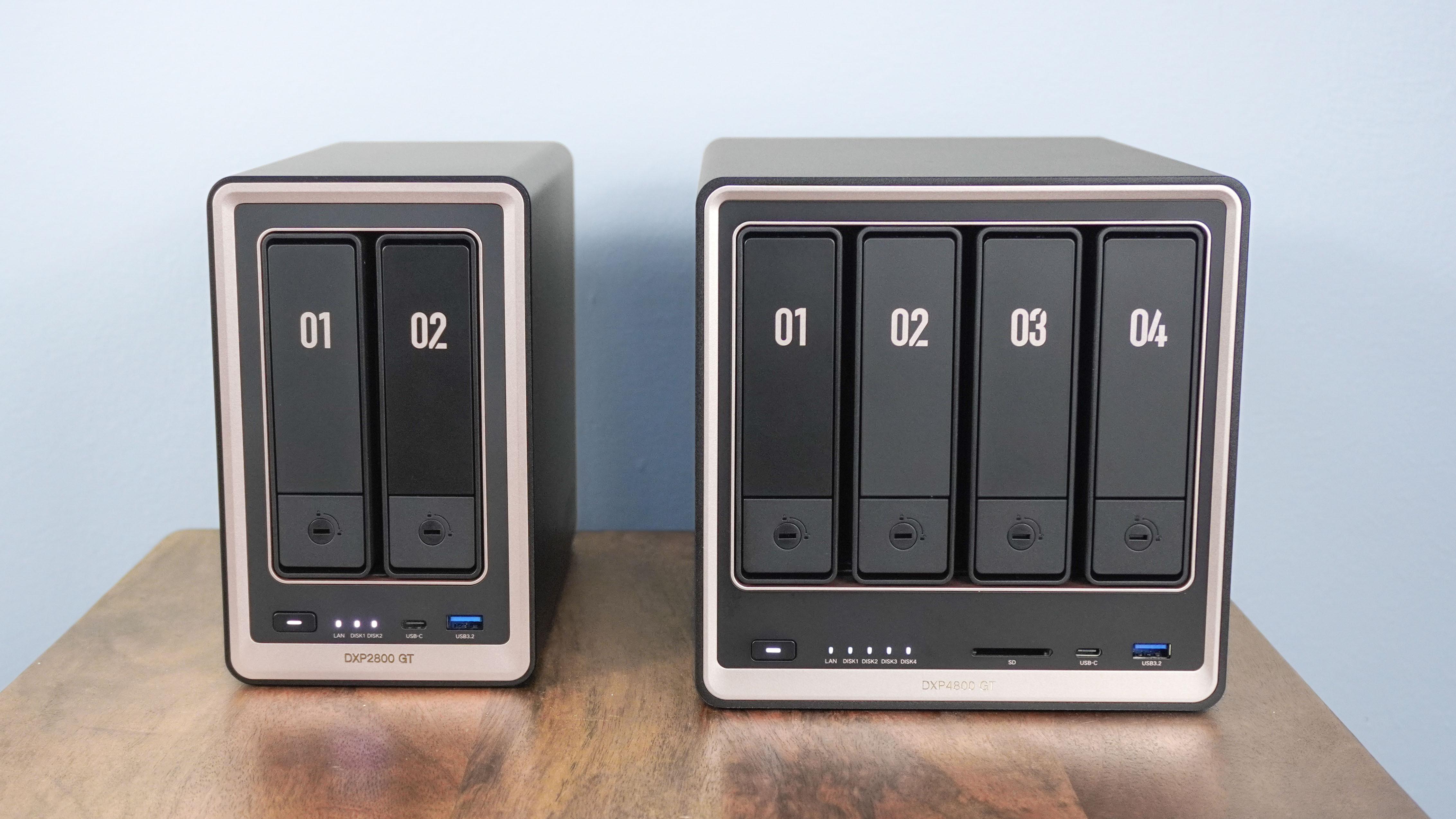 The Ugreen DXP2800 GT and DXP4800 GT set up on a small table