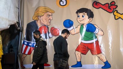 Backdrop at pro-government rally in Tehran during a shaky ceasefire between the U.S. and Iran.
