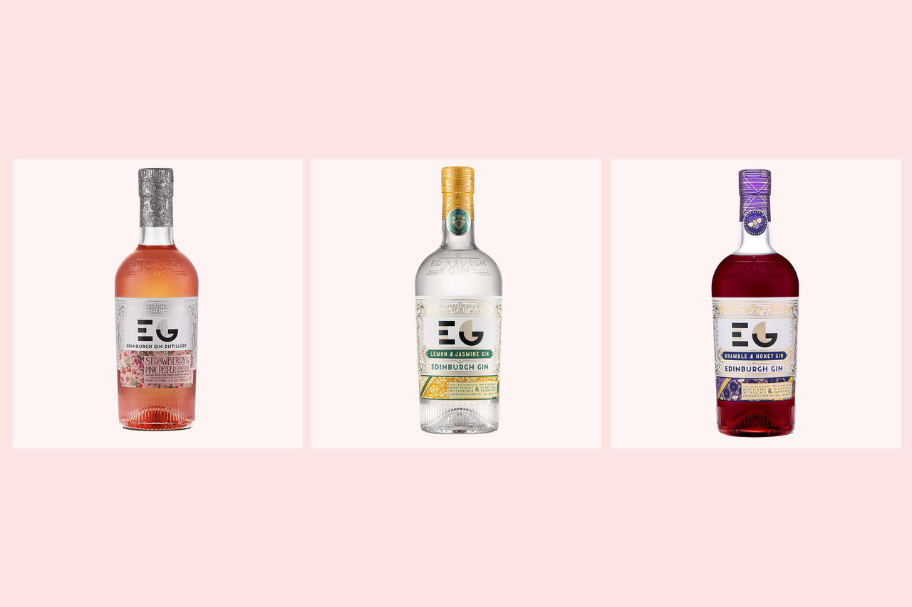 Three flavours of Edinburgh Gin on a pink background