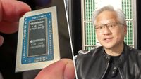 An RTX Spark in-hand on the left, and Nvidia CEO Jensen Huang on the right.