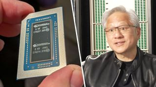 An RTX Spark in-hand on the left, and Nvidia CEO Jensen Huang on the right.