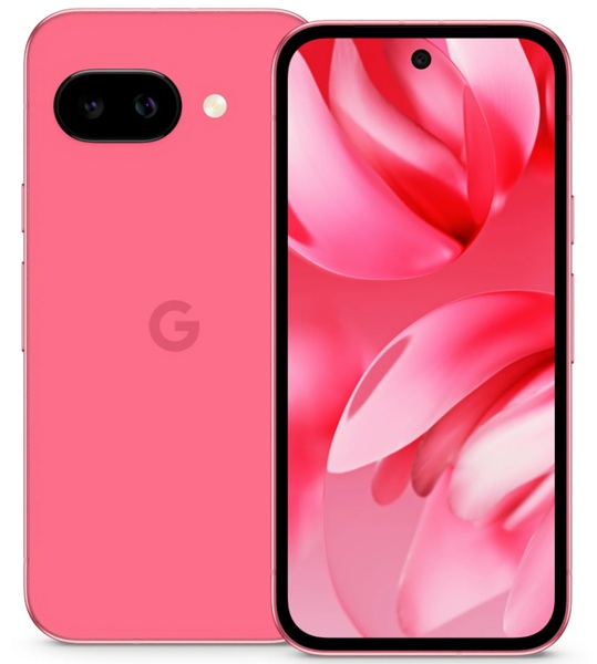 A leaked render of the Pixel 9a in a Peony (Pink) color option. The display features slightly thicker bezels compared to the flagship Pixel 9 series and a camera visor that's flush to its rear panel.