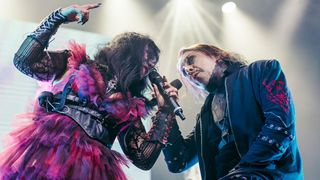 Cristina Scabbia and Andrea Ferro of Lacuna Coil perform live on stage during a concert at the Huxleys Neue Welt on November 3, 2025 in Berlin, Germany.