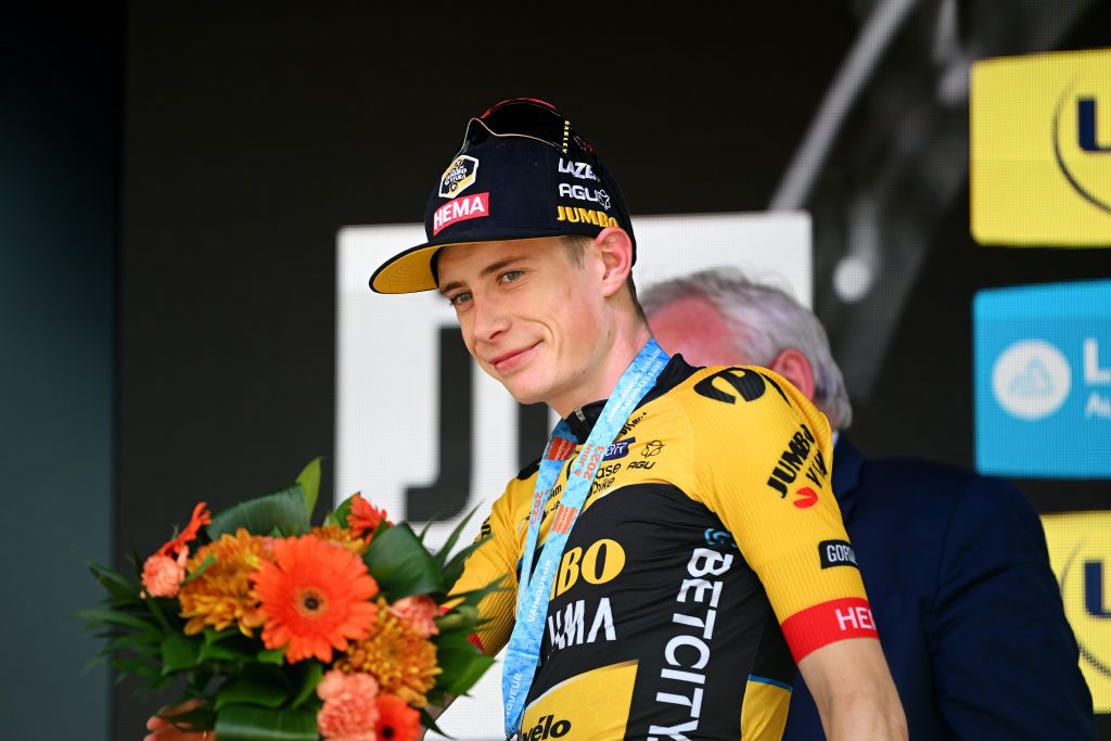 SALINSLESBAINS JUNE 08 Jonas Vingegaard of Denmark and Team JumboVisma celebrates at podium as stage winner during the 75th Criterium du Dauphine 2023 Stage 5 a 1911km stage from CormoranchesurSane to SalinslesBains UCIWT on June 08 2023 in SalinslesBains France Photo by Dario BelingheriGetty Images