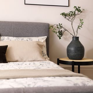 bedroom with cream cream colour wall grey bed with designed cushions and plant pot on table