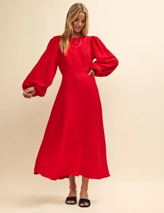 Nobodys Child, Red Linen-Blend Balloon Sleeve Zora Midi Dress