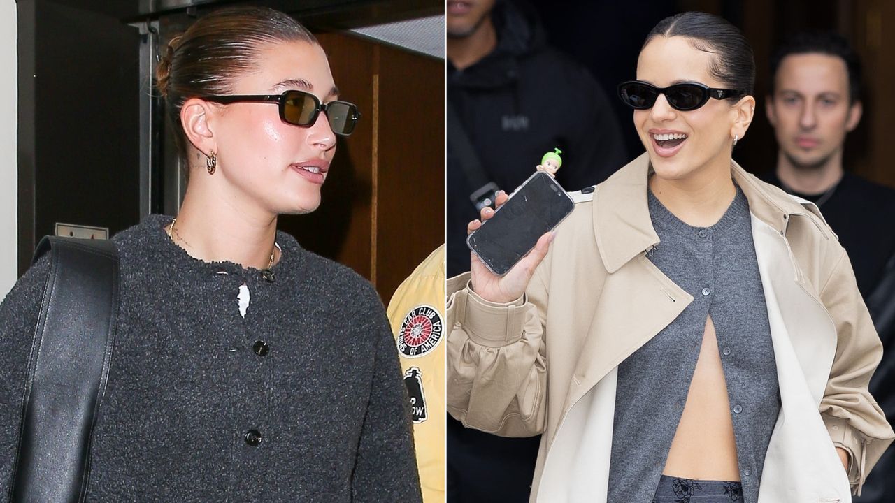 a collage of Hailey Bieber and Rosalia wearing gray cardigans in street style