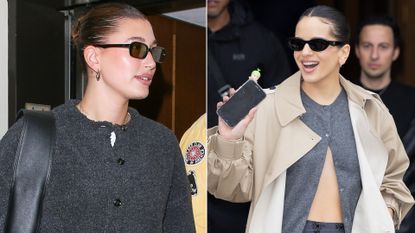 a collage of Hailey Bieber and Rosalia wearing gray cardigans in street style