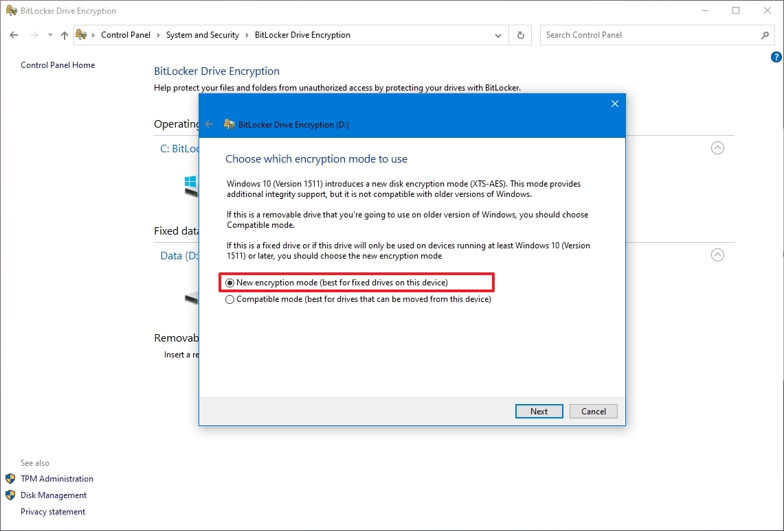 BitLocker second drive fixed drive new encryption mode