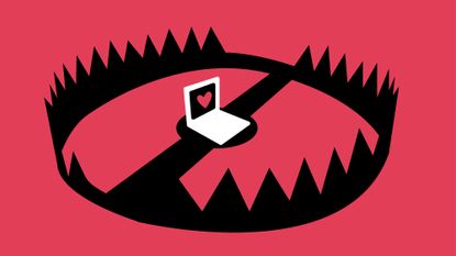 Illustration of a laptop with a heart on its screen caught inside of a bear trap 