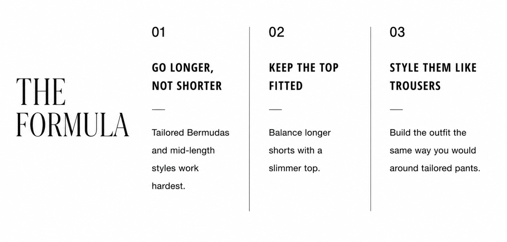 text describing a shorts "formula": go longer, not shorter, followed by two more