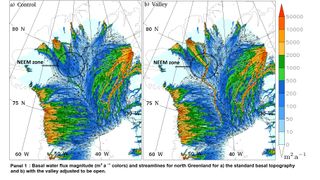 a map showing where a giant subglacial river may thread beneath Greenland's ice