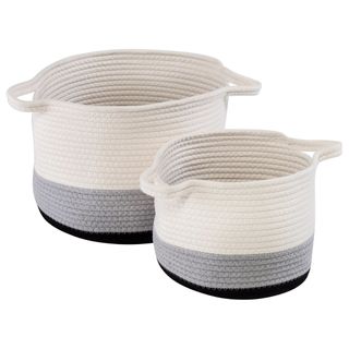 Two white, gray and black woven storage baskets with handles