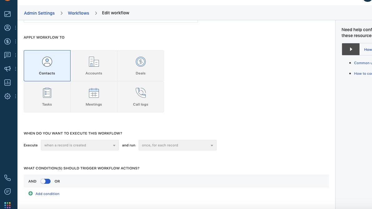 Freshsales' user interface with workflow settings