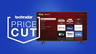 TCL Roku TV on blue background with sign saying Price Cut