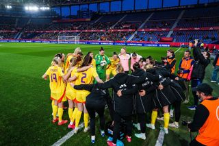 Red Flames players pictured at the start of a soccer game between Belgium's national team the Red Flames and Spain, in Valencia, Spain Friday 21 February 2025, on the first matchday in group A3 of the 2024-25 Women's Nations League Competition.