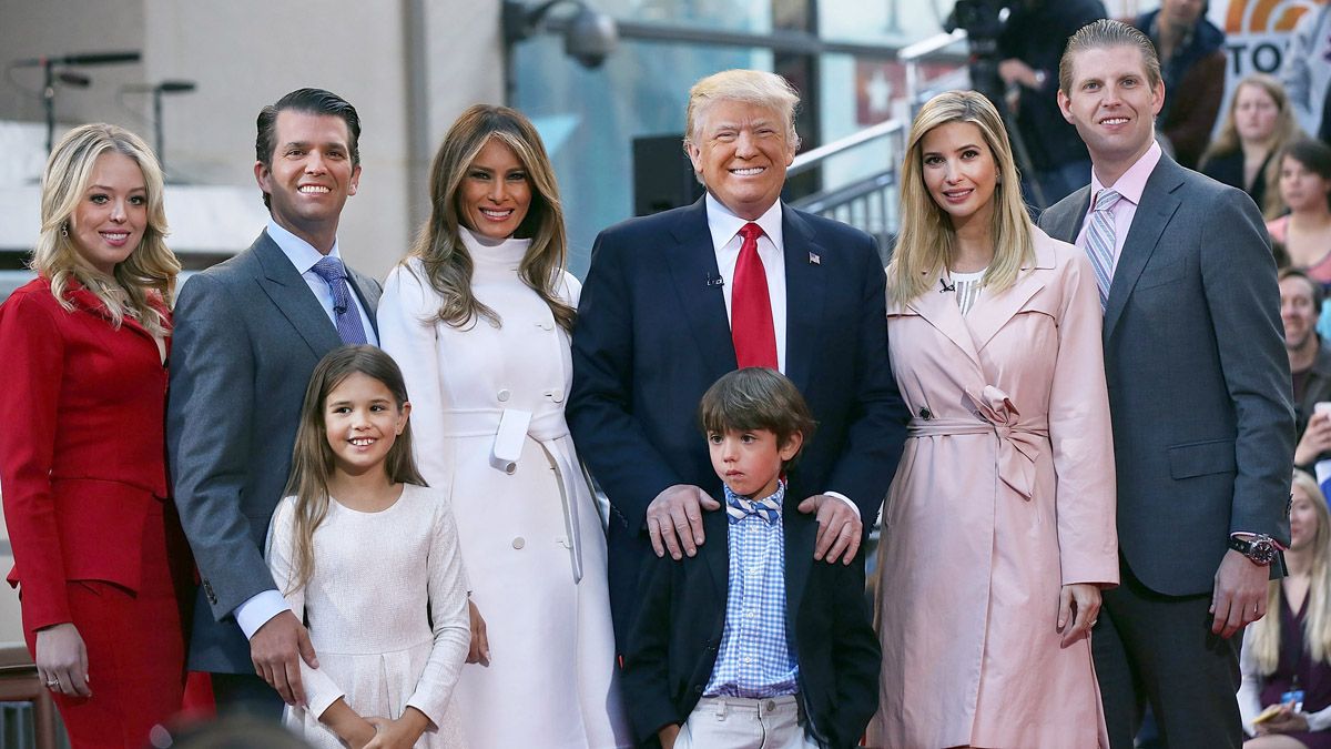 NEW YORK, NY - APRIL 21:Republican presidential candidate Donald Trump stands with his wife Melania Trump (center left) and from right: Eric Trump, Ivanka Trump, Donald Trump Jr. and Tiffany