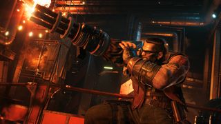 Barret firing his gun-arm at the Scorpion Sentinel during the first Mako Reactor mission