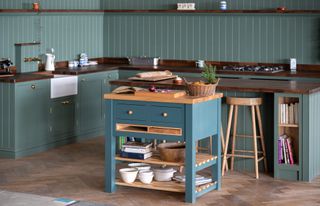 green traditional style kitchen with butcher's block island