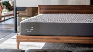 The Cocoon Chill mattress shown with its dark gray base sat on a wooden bed frame in a black and white bedroom is the best mattress under $1,000 for people who overheat during sleep