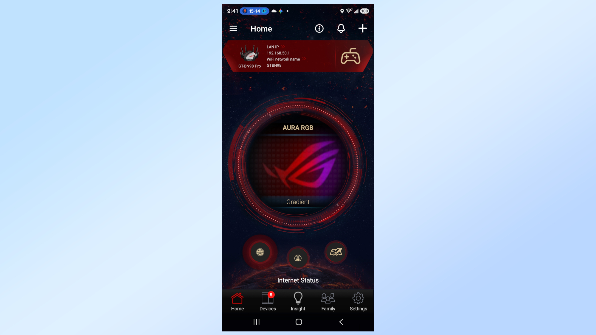 The Asus ROG Rapture GT-BN98 Pro's home screen in Asus' Android app