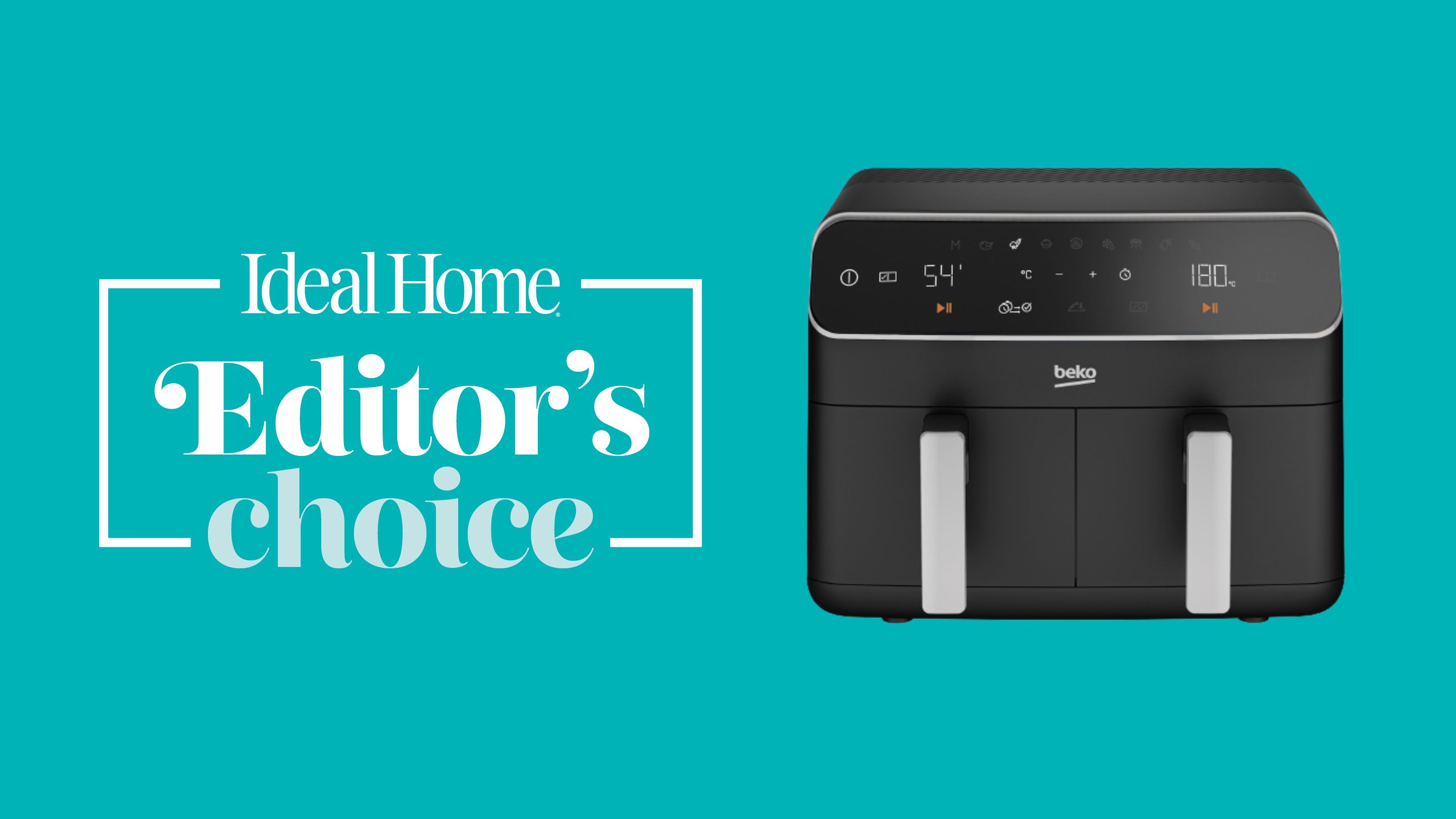Beko ExpertFry dual zone air fryer on teal background