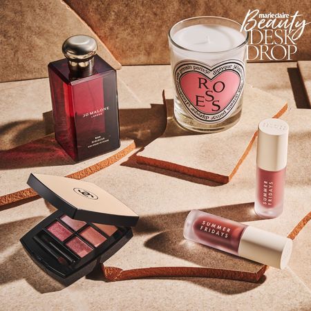 The best new beauty products of January 2024, including Diptyque valentine's candles, jo malone red hibiscus perfume, chanel eyeshadow, summer fridays lip oil and susanne kaufmann bath soak