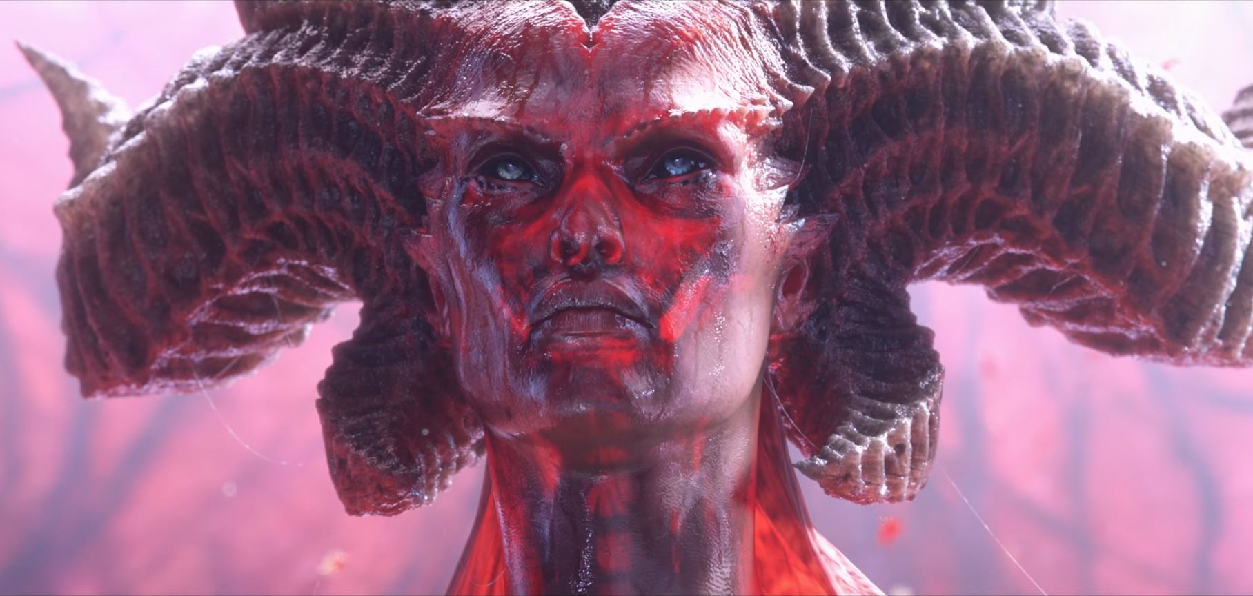 Diablo 4 Lilith con piel roja y cuernos curvos del tráiler de anuncio de Diablo 4