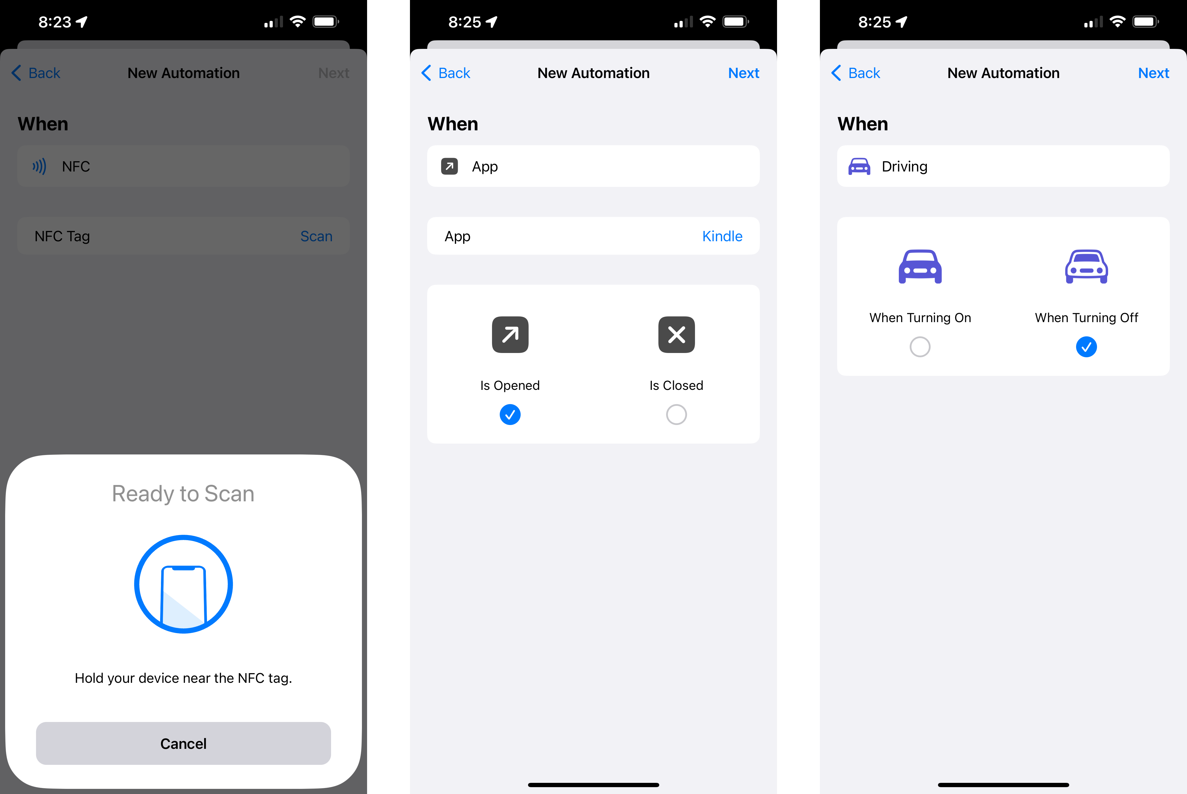Kombinierter Screenshot einer NFC-Automatisierung, einer App-Automatisierung für die Kindle-App und When Turning Driving Focus Off.