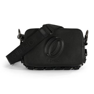 A black leather Offfero Collection anti-theft bag with a lockable strap and chain