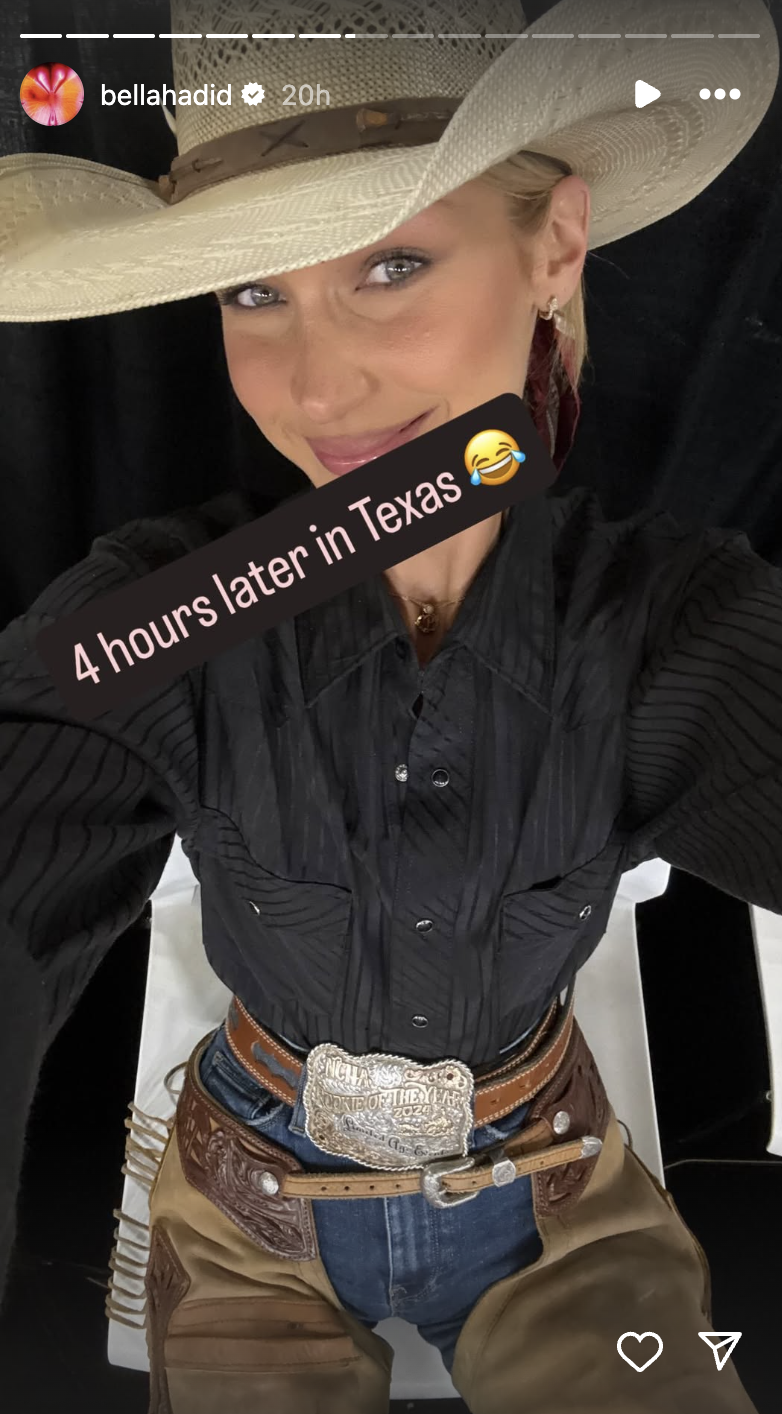 A few hours later, Bella Hadid arrived in Texas wearing her finest rodeo attire