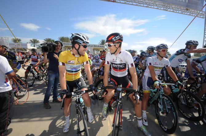 Mark Cavendish and Taylor Phinney chat before the start