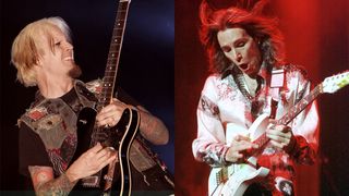 (left) John 5 in concert at the Bare Pool Lounge at The Mirage Hotel & Casino, October 2, 2009 in Las Vegas, Nevada. (right) Steve Vai in an undated photo