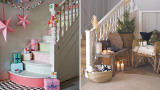 Using fake wrapped presents as creative Christmas decorating idea on stairs and console tables