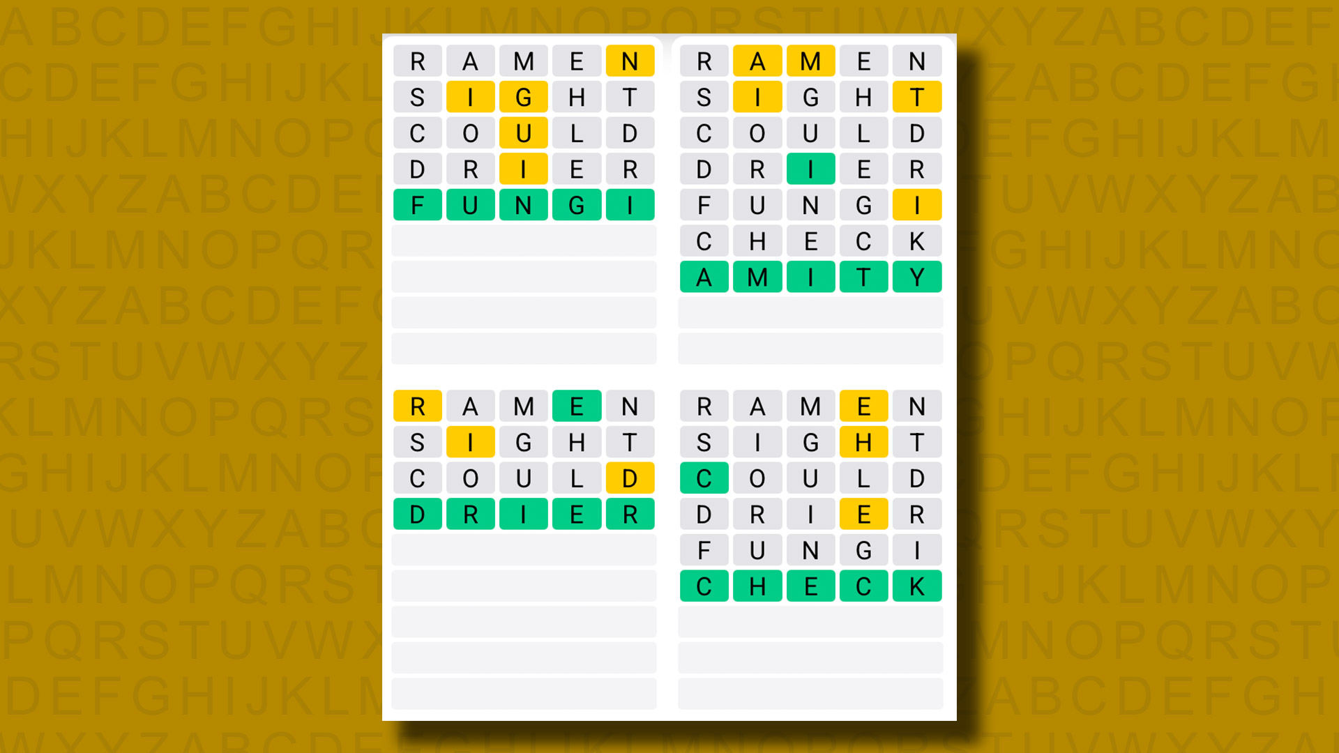 Quordle answers for game 1301 on a yellow background