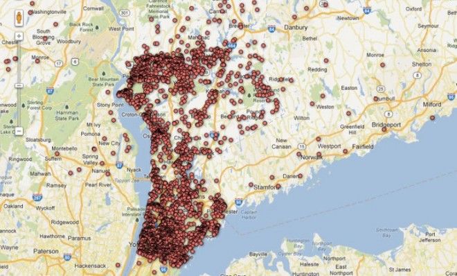 A screen shot of the interactive map that shows pistol permits registered with the Westchester County Clerk&amp;#039;s Office.